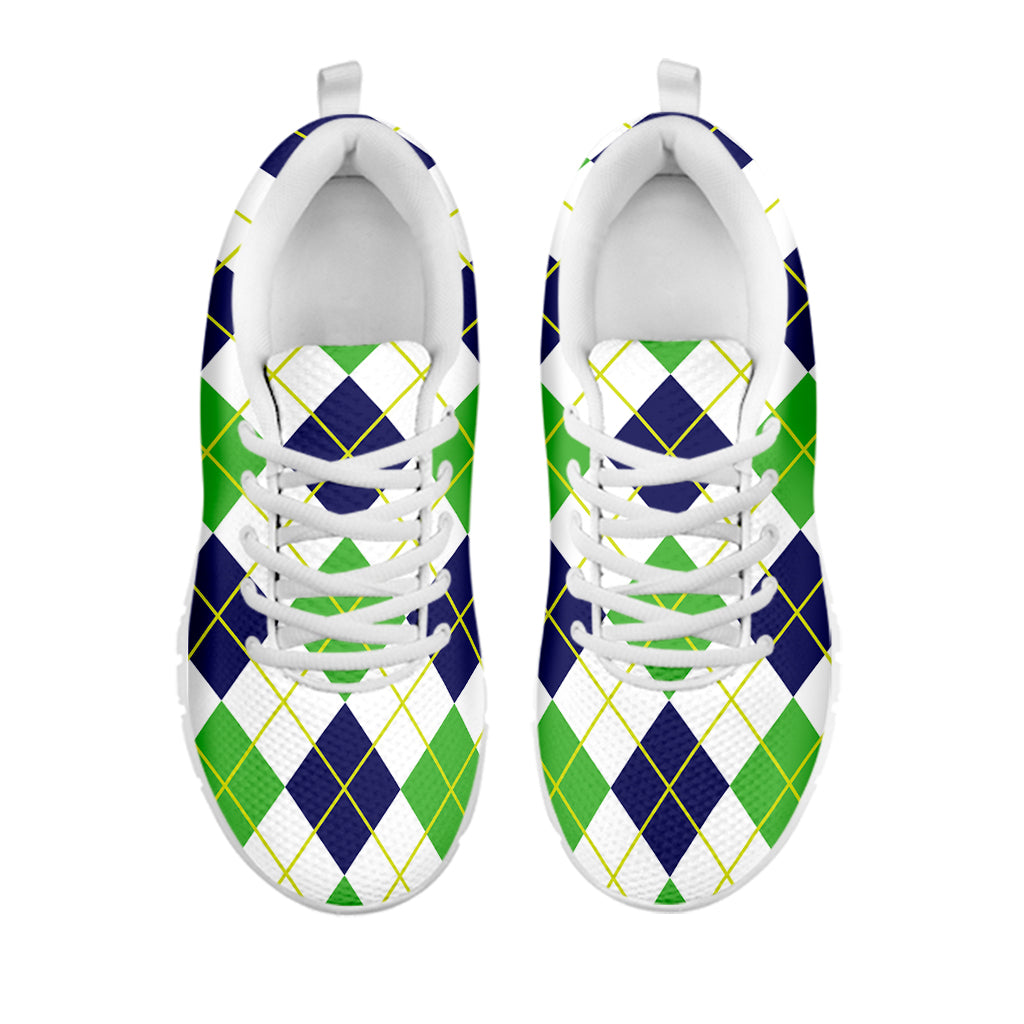 Navy Green And White Argyle Print White Sneakers