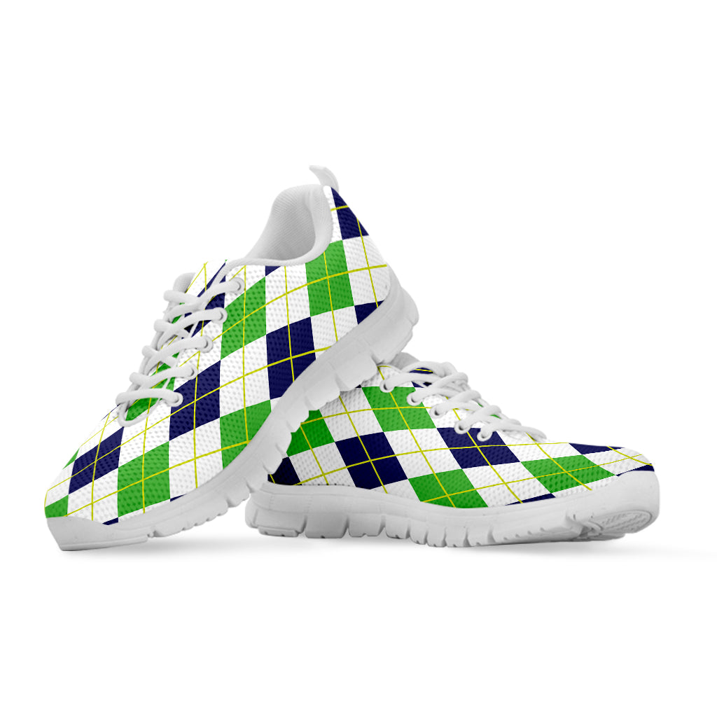 Navy Green And White Argyle Print White Sneakers
