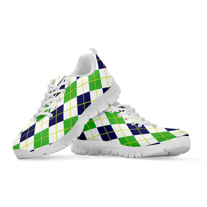 Navy Green And White Argyle Print White Sneakers