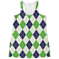 Navy Green And White Argyle Print Women's Racerback Tank Top