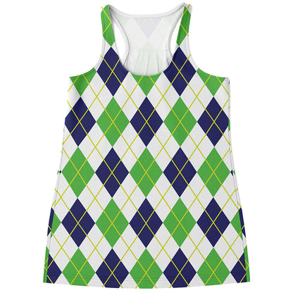 Navy Green And White Argyle Print Women's Racerback Tank Top