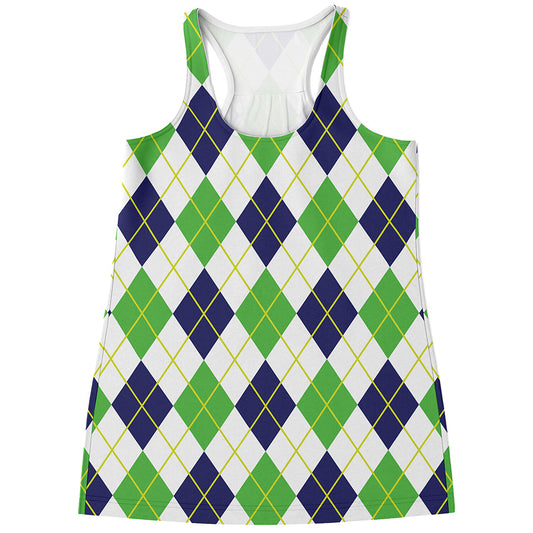 Navy Green And White Argyle Print Women's Racerback Tank Top