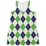Navy Green And White Argyle Print Women's Racerback Tank Top