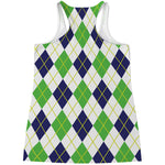 Navy Green And White Argyle Print Women's Racerback Tank Top