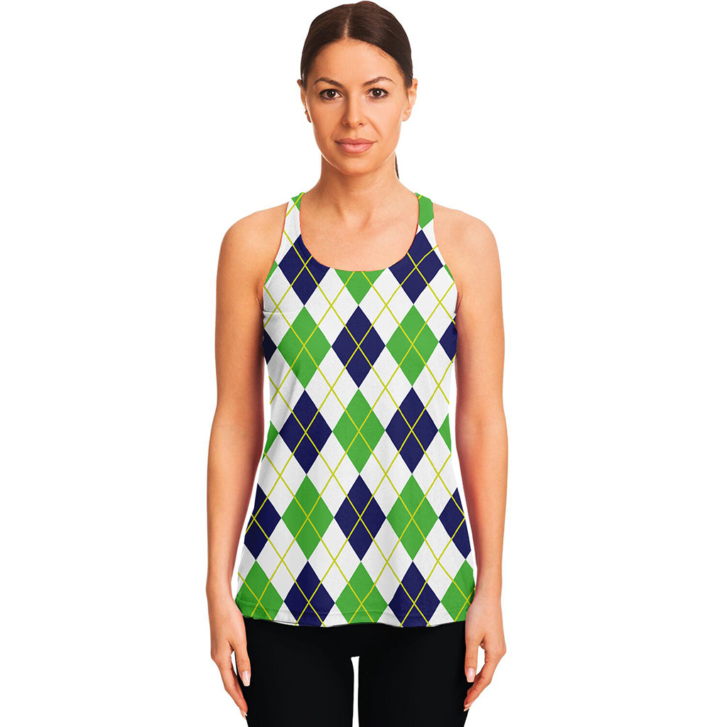 Navy Green And White Argyle Print Women's Racerback Tank Top
