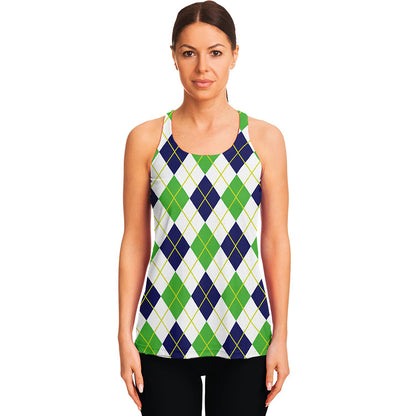 Navy Green And White Argyle Print Women's Racerback Tank Top