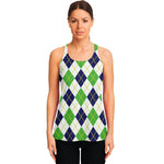 Navy Green And White Argyle Print Women's Racerback Tank Top