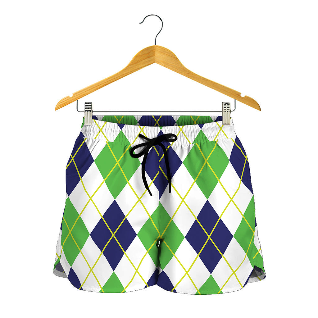 Navy Green And White Argyle Print Women's Shorts