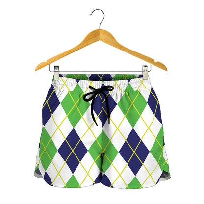 Navy Green And White Argyle Print Women's Shorts