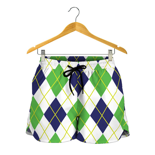 Navy Green And White Argyle Print Women's Shorts