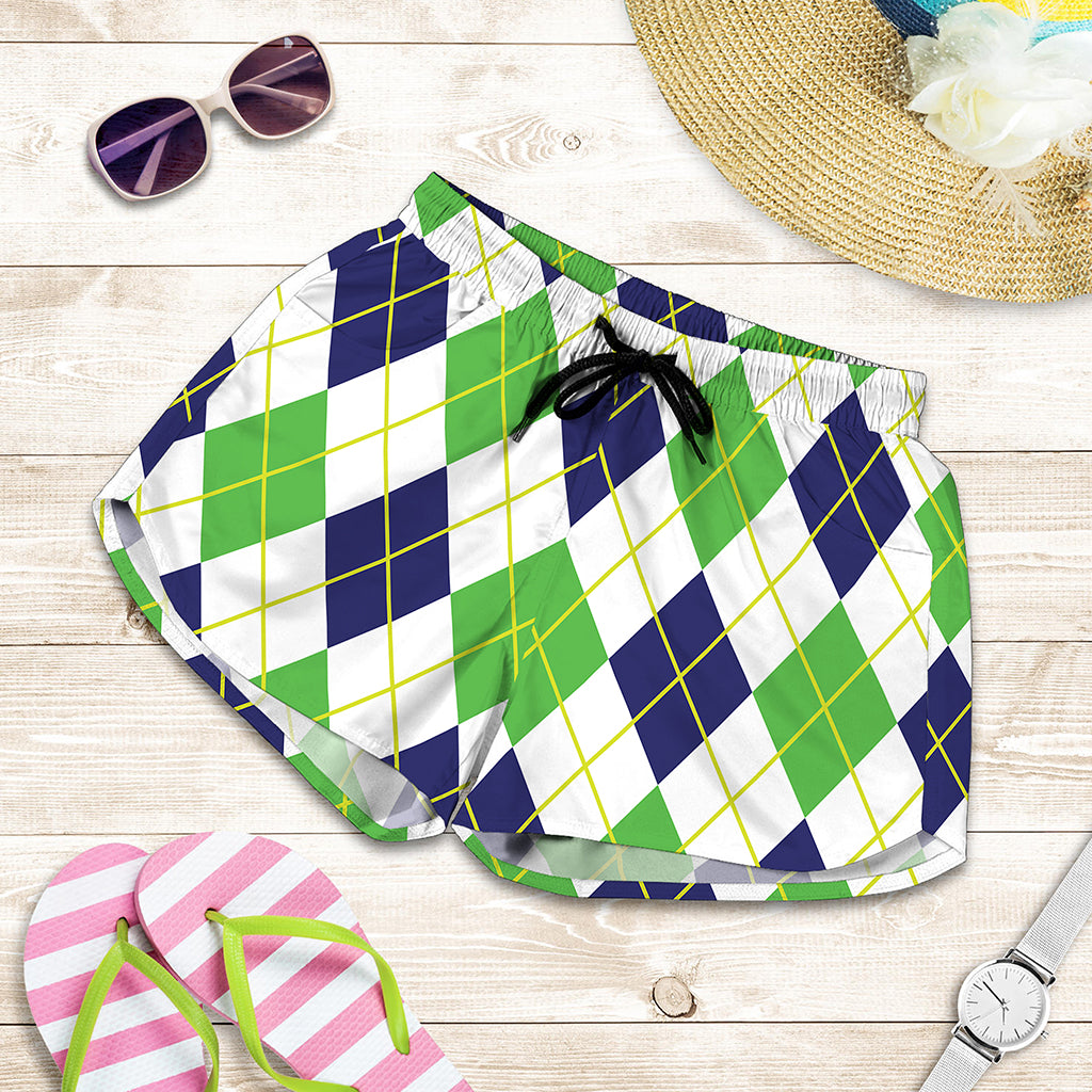 Navy Green And White Argyle Print Women's Shorts