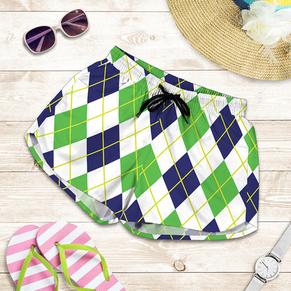 Navy Green And White Argyle Print Women's Shorts