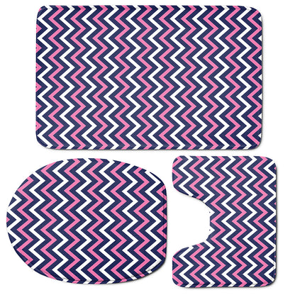 Navy Pink And White Chevron Print 3 Piece Bath Mat Set