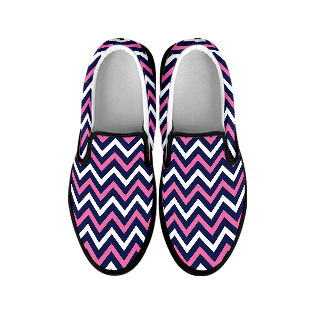 Navy Pink And White Chevron Print Black Slip On Shoes