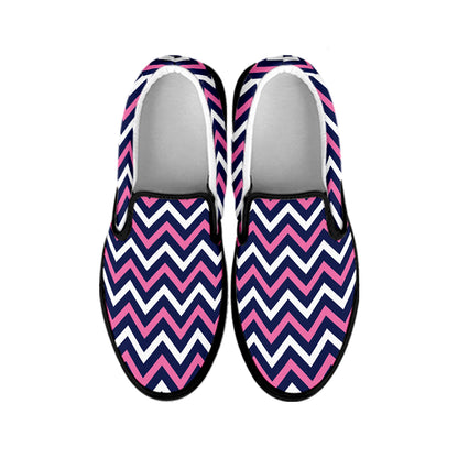 Navy Pink And White Chevron Print Black Slip On Shoes