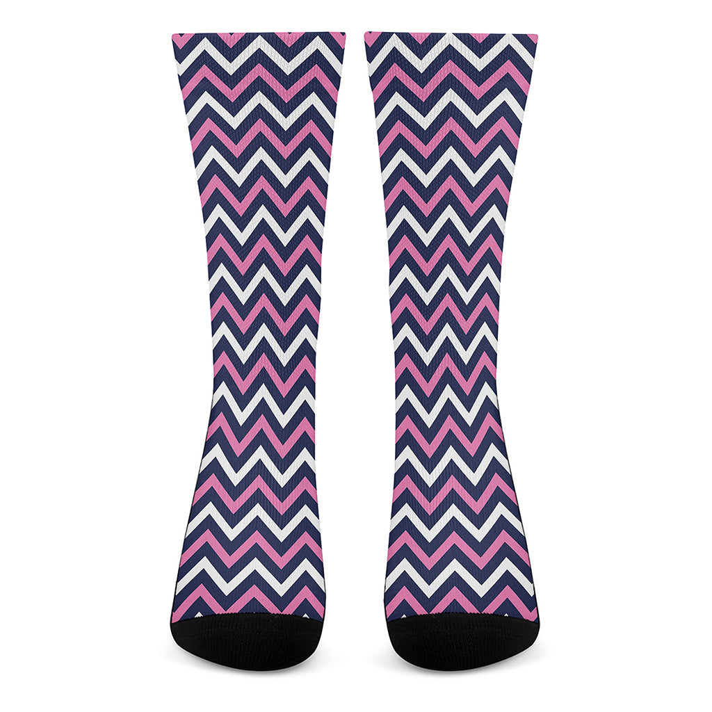 Navy Pink And White Chevron Print Crew Socks