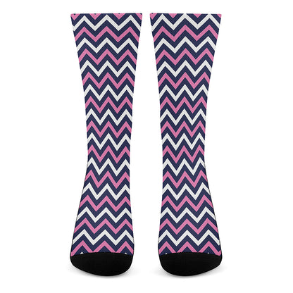 Navy Pink And White Chevron Print Crew Socks
