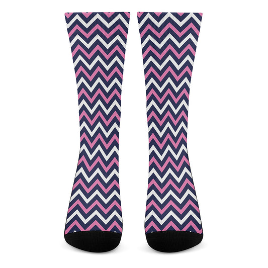 Navy Pink And White Chevron Print Crew Socks