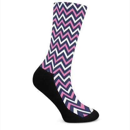 Navy Pink And White Chevron Print Crew Socks