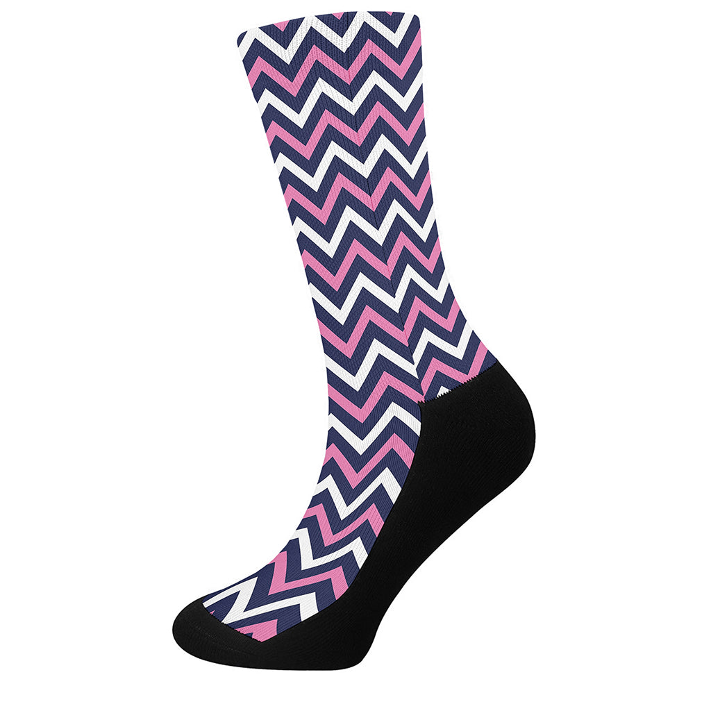 Navy Pink And White Chevron Print Crew Socks