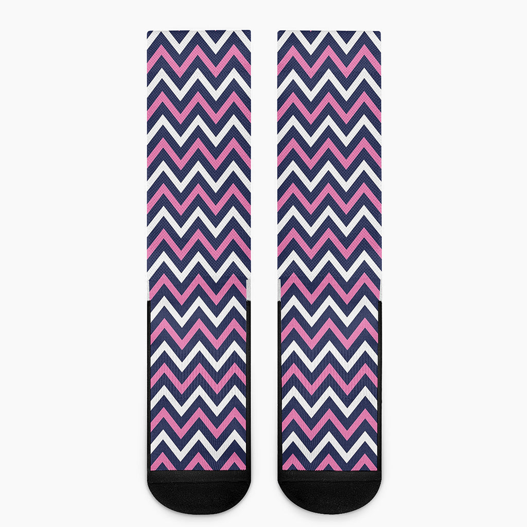 Navy Pink And White Chevron Print Crew Socks