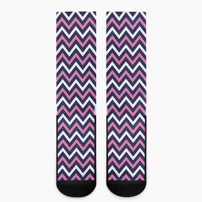 Navy Pink And White Chevron Print Crew Socks
