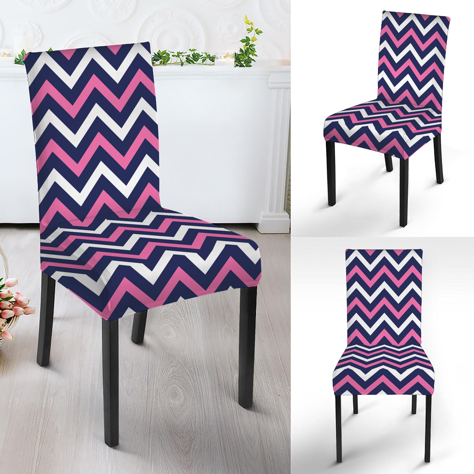 Navy Pink And White Chevron Print Dining Chair Slipcover