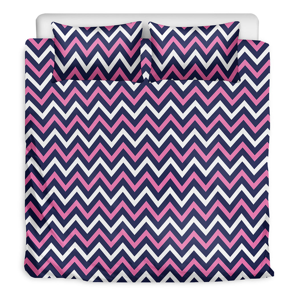 Navy Pink And White Chevron Print Duvet Cover Bedding Set