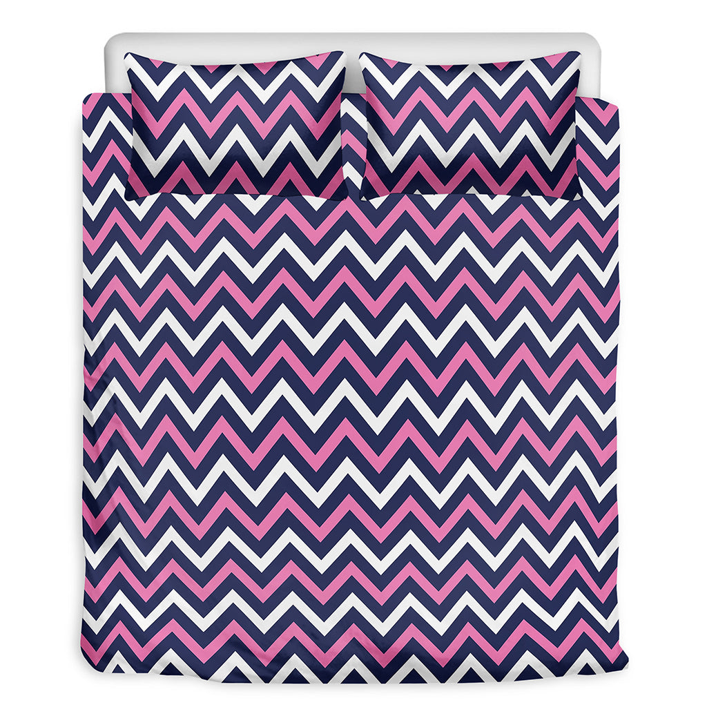 Navy Pink And White Chevron Print Duvet Cover Bedding Set