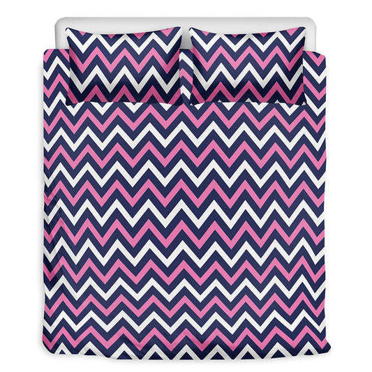 Navy Pink And White Chevron Print Duvet Cover Bedding Set