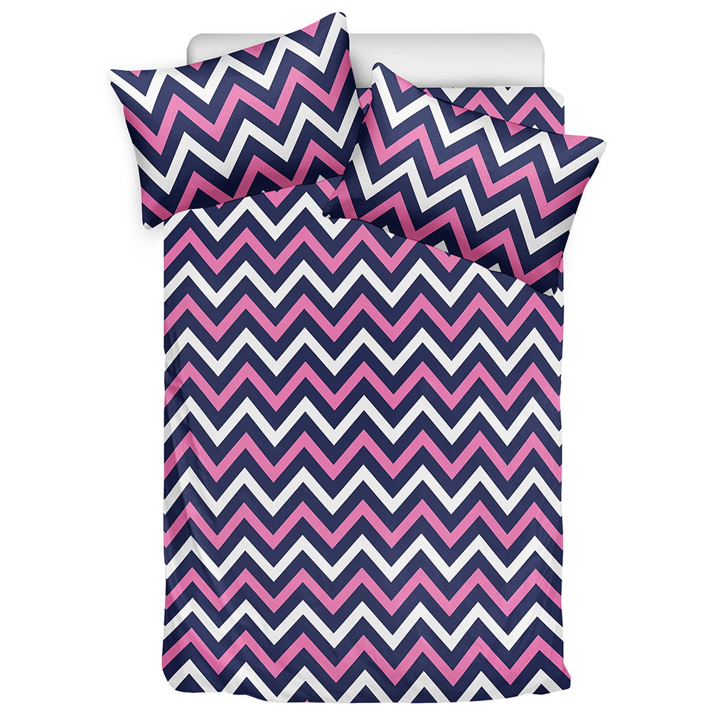 Navy Pink And White Chevron Print Duvet Cover Bedding Set