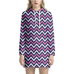 Navy Pink And White Chevron Print Hoodie Dress