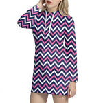 Navy Pink And White Chevron Print Hoodie Dress