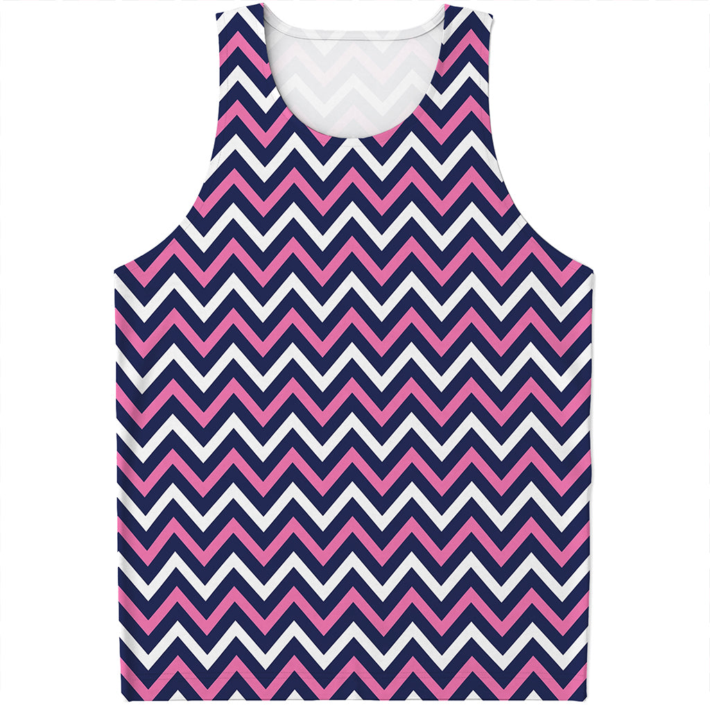 Navy Pink And White Chevron Print Men's Tank Top