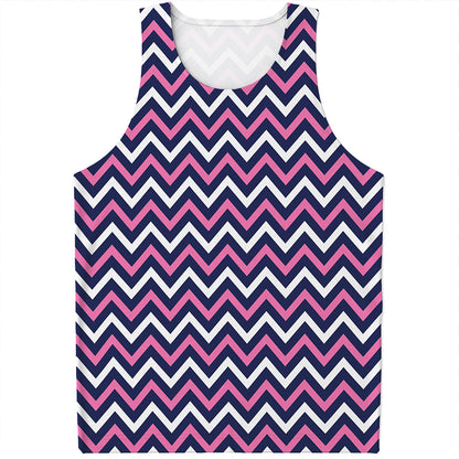 Navy Pink And White Chevron Print Men's Tank Top