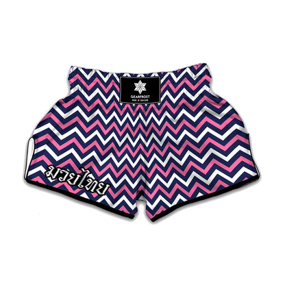 Navy Pink And White Chevron Print Muay Thai Boxing Shorts