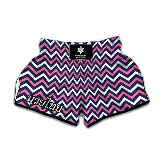 Navy Pink And White Chevron Print Muay Thai Boxing Shorts