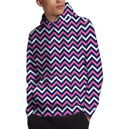Navy Pink And White Chevron Print Pullover Hoodie