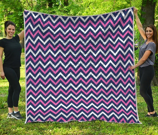 Navy Pink And White Chevron Print Quilt