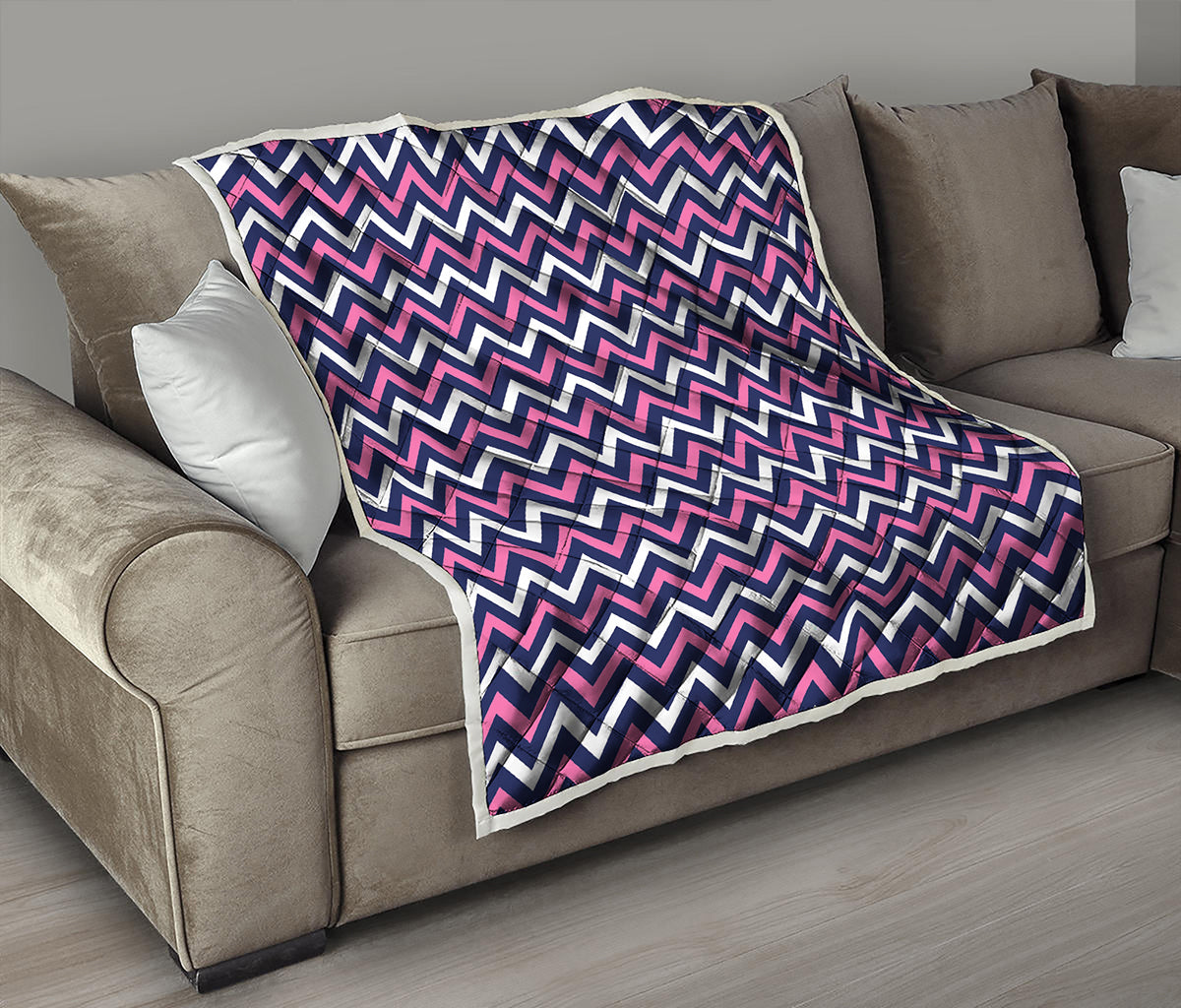 Navy Pink And White Chevron Print Quilt