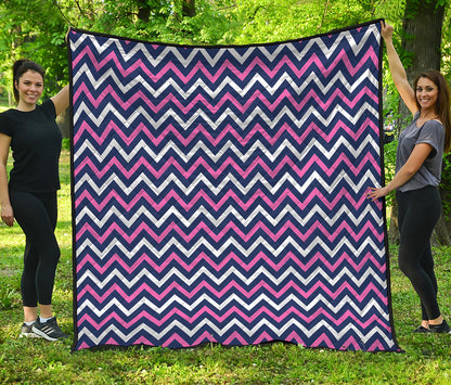 Navy Pink And White Chevron Print Quilt
