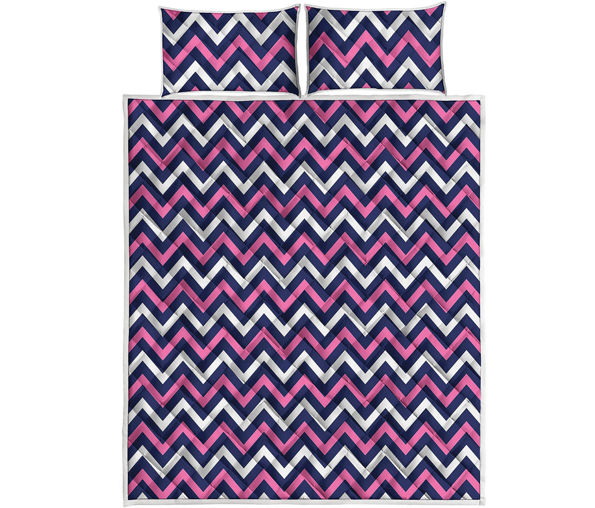 Navy Pink And White Chevron Print Quilt Bed Set