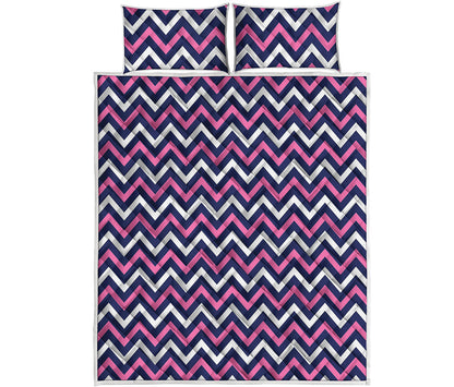 Navy Pink And White Chevron Print Quilt Bed Set