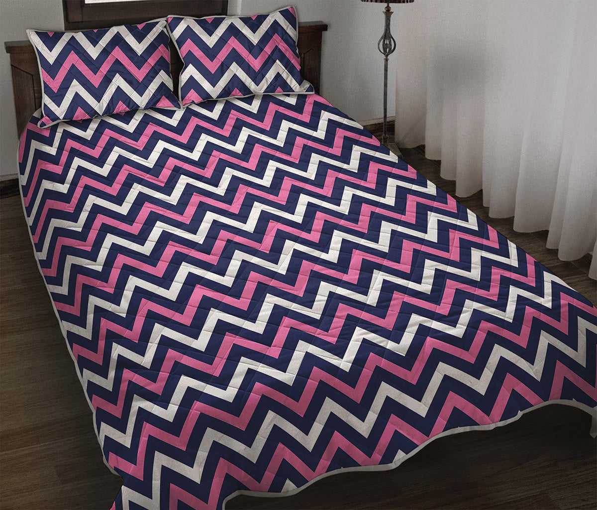 Navy Pink And White Chevron Print Quilt Bed Set