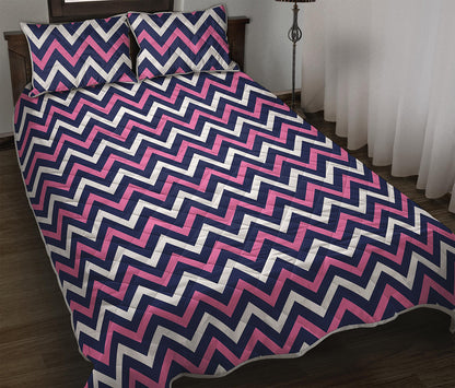 Navy Pink And White Chevron Print Quilt Bed Set