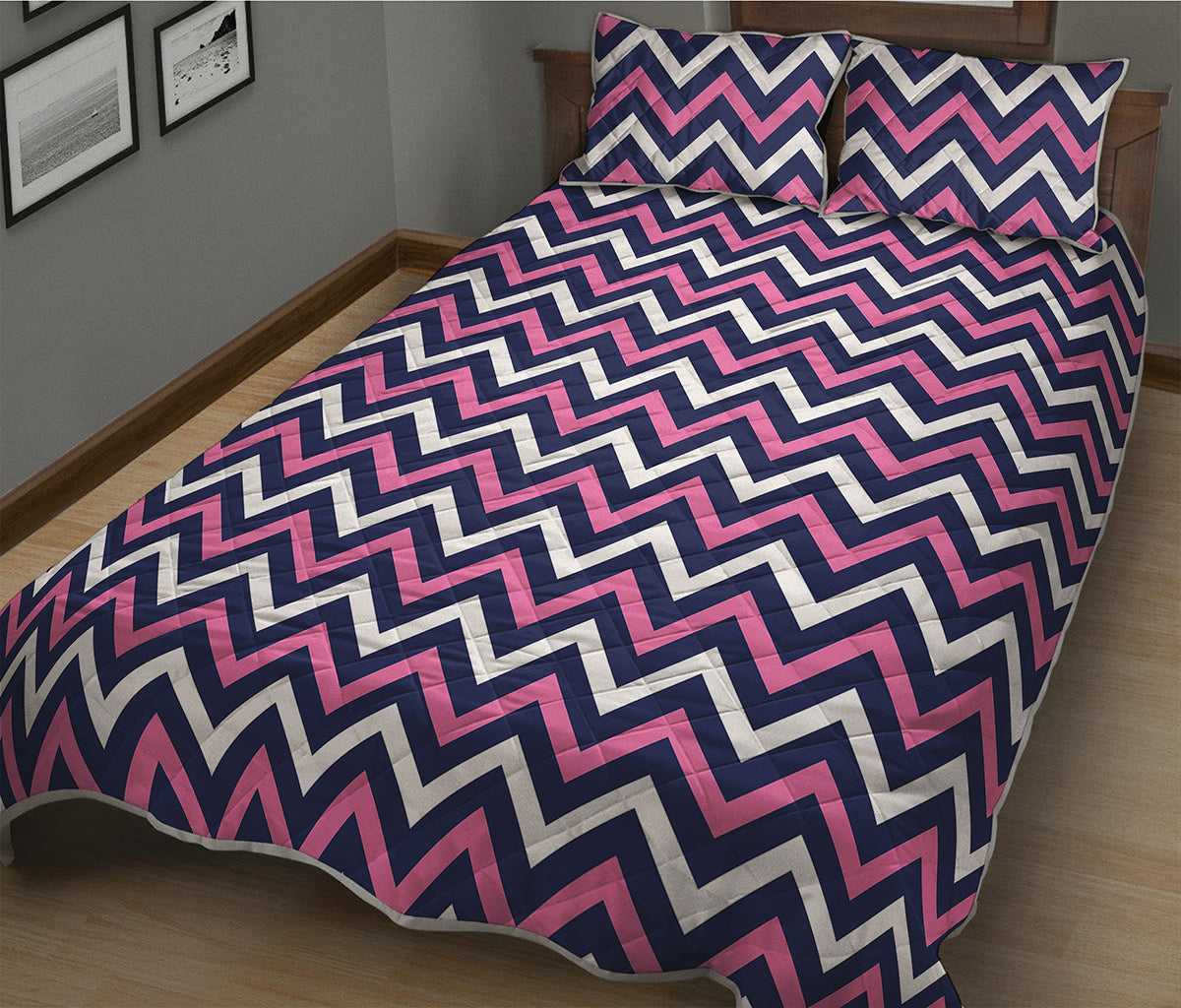 Navy Pink And White Chevron Print Quilt Bed Set