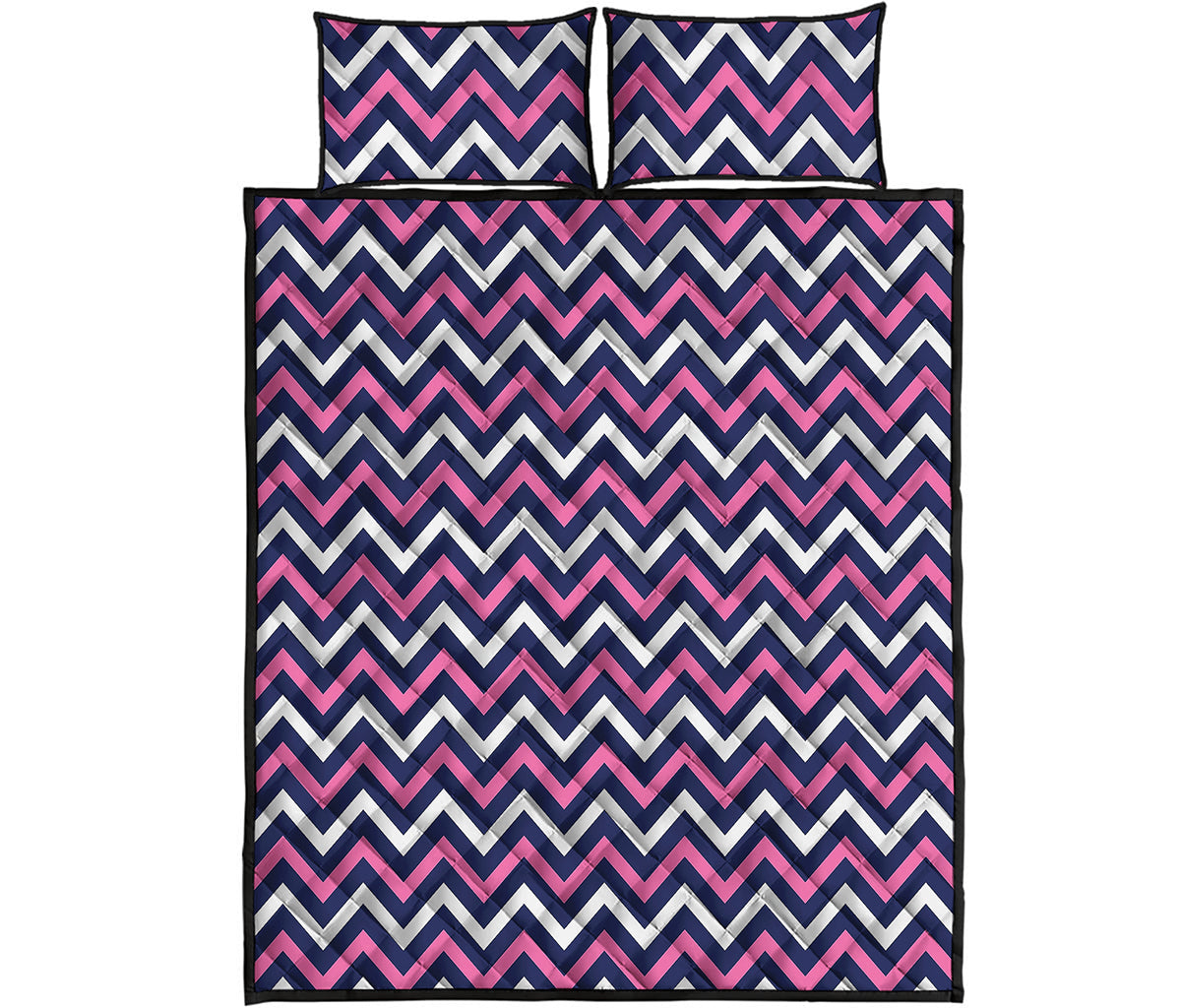 Navy Pink And White Chevron Print Quilt Bed Set