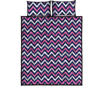 Navy Pink And White Chevron Print Quilt Bed Set
