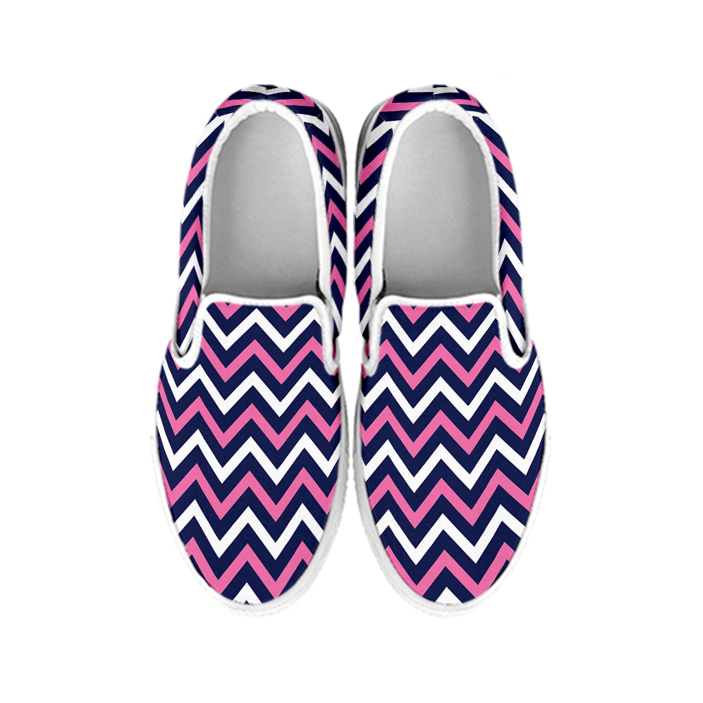 Navy Pink And White Chevron Print White Slip On Shoes