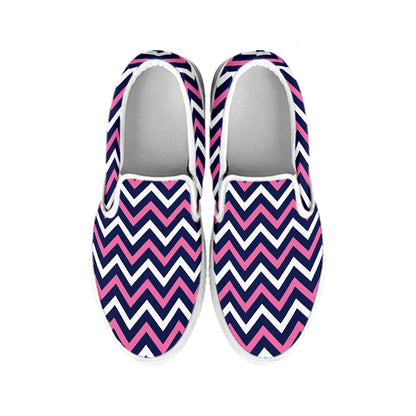 Navy Pink And White Chevron Print White Slip On Shoes